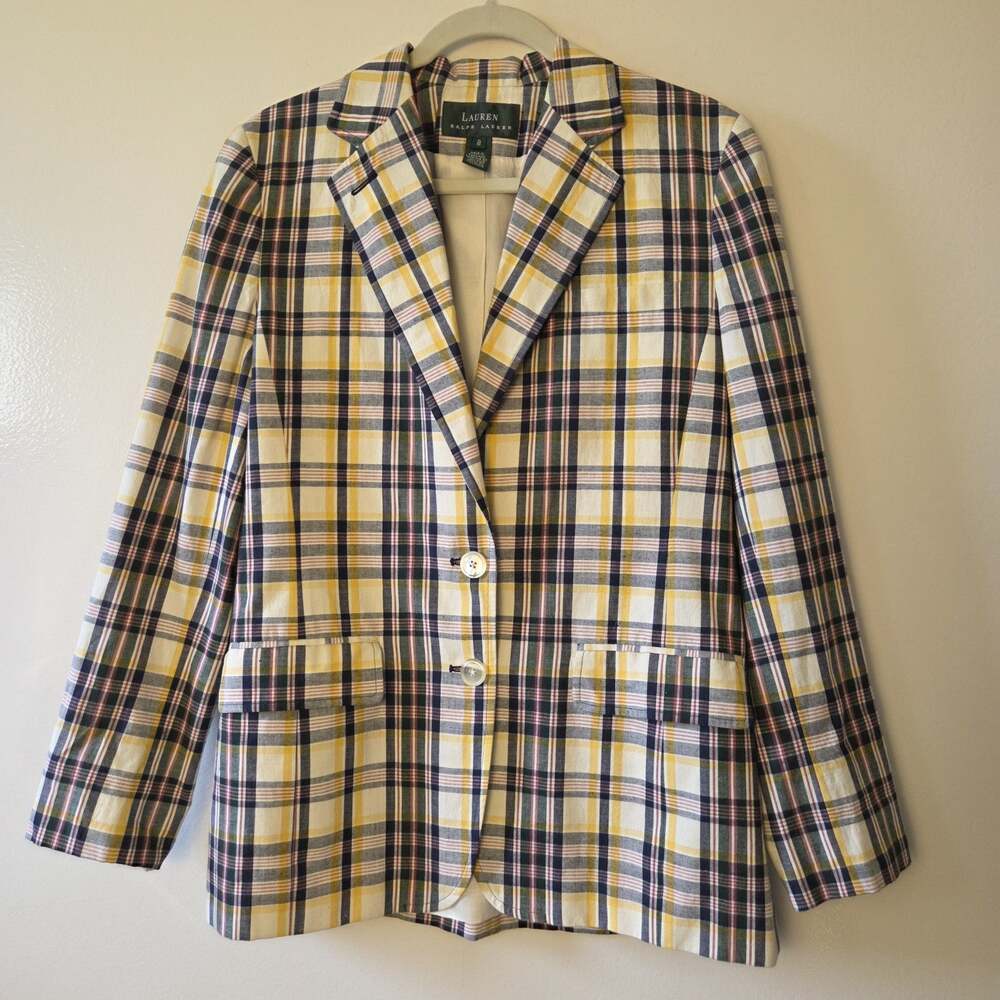 Lauren Ralph Lauren Plaid Madras Blazer Jacket Sz 8 Yellow Navy Cotton Preppy
